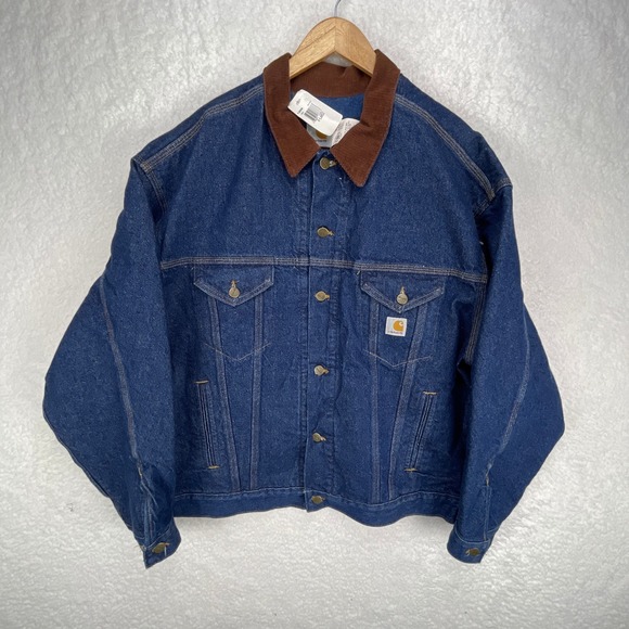 VTG Carhartt Trucker Jacket Aztec Blanket Lined Mens XL PJB008‎ Steel Blue NWT - Picture 2 of 16